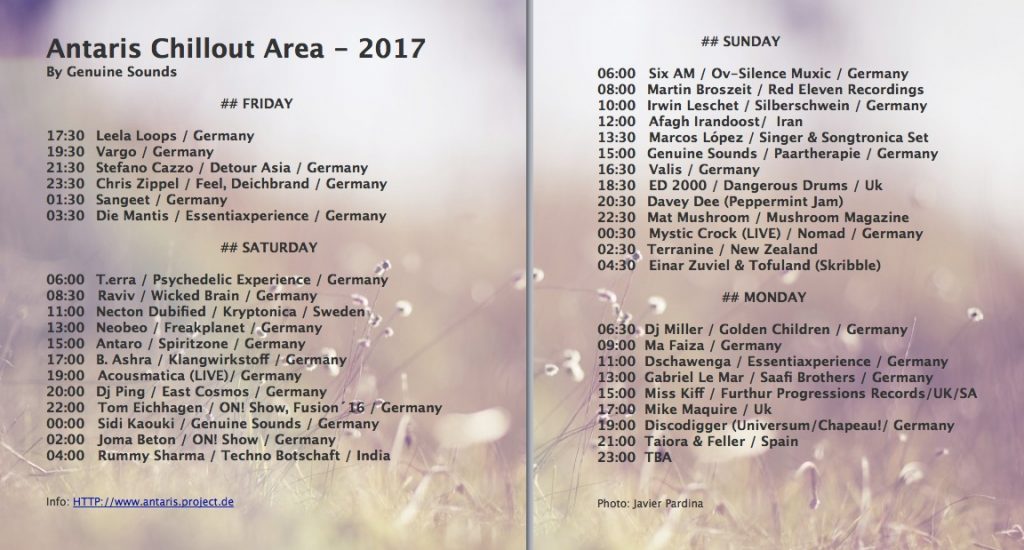 Die Zeittafel der Antaris Chillout Area 2017