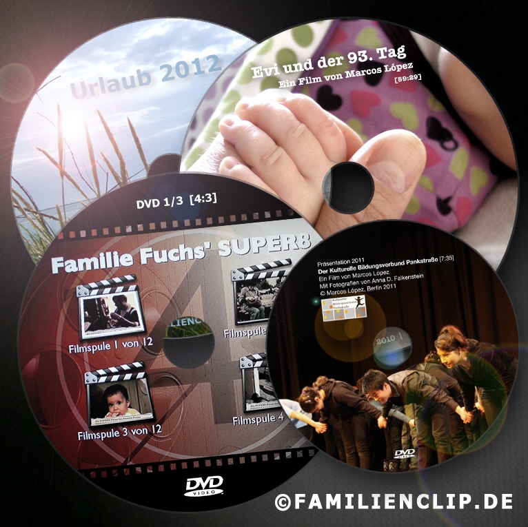 Über mich - Filmografie: DVD-Collage von Marcos López als Logo von Familienclip.