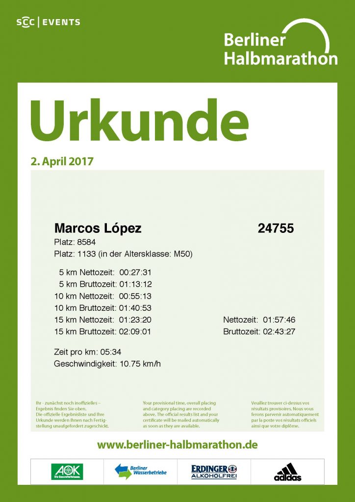 Die Urkunde des 37. Berliner Halbmarathon